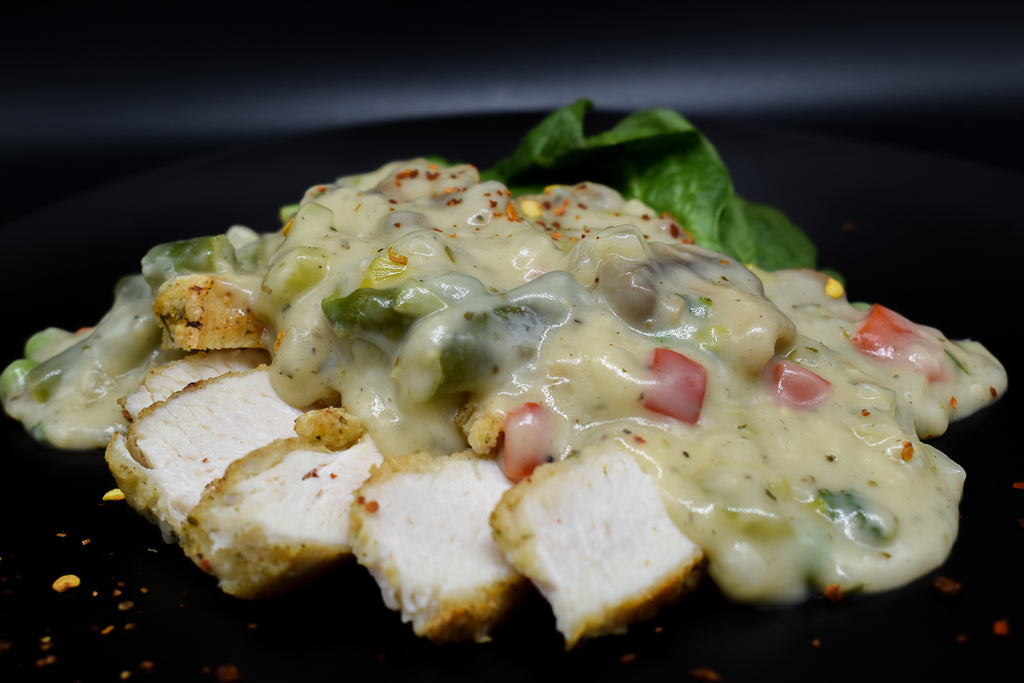 Low carb gluten free creamy mushroom sauce with grilled chicken