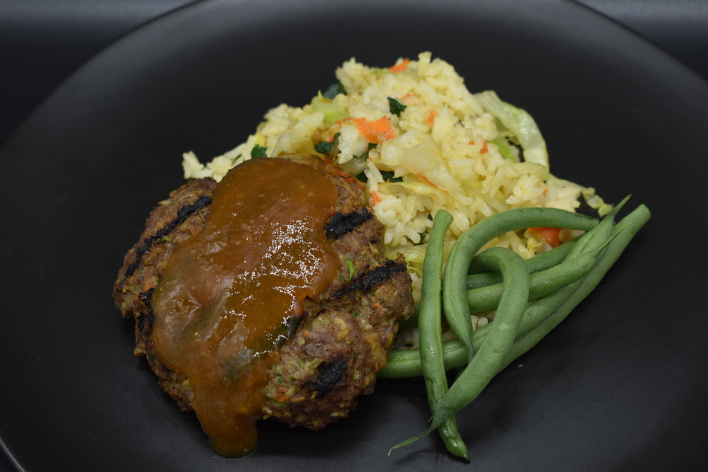 Beef Burger with Teriyaki Sauce and Cabbage Rice