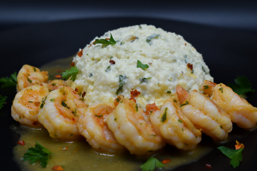 Keto Shrimp and Cheezy Cauliflower Grits (GF)