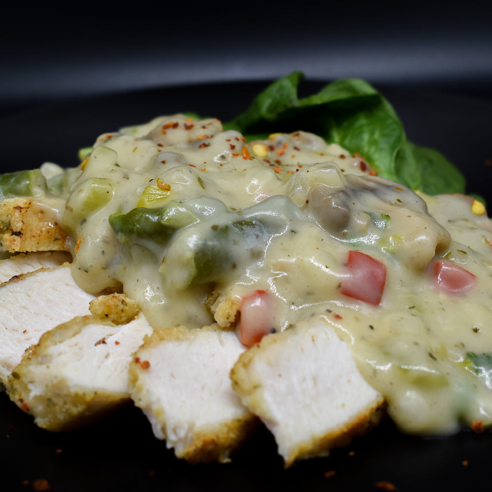 Low carb gluten free creamy mushroom sauce with grilled chicken