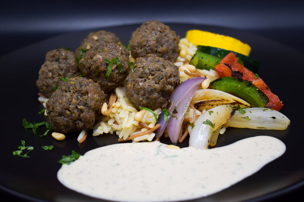 Turkish Kofta Balls with Rice and a Mint Tahini Sauce