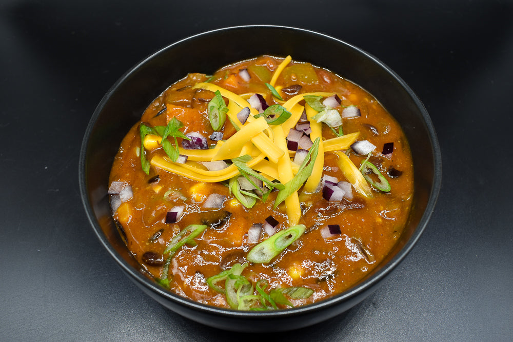 Gluten free vegetarian black bean bell pepper chili with cheese